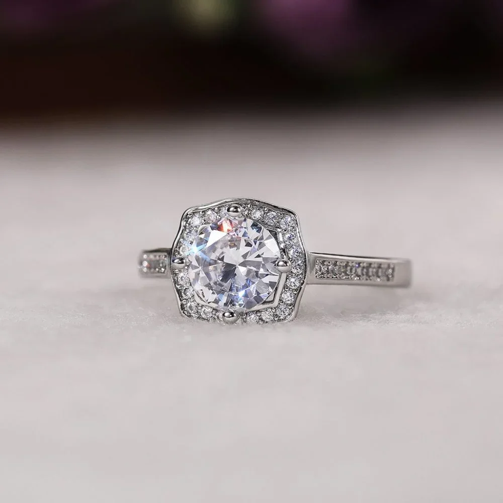 😍Engagement Hollow Anillos Sparkling Round CZ Dainty Silver Rings, L133